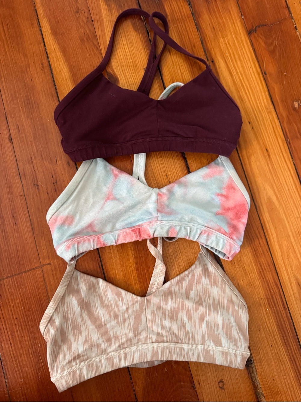 Fleo Women's Bralette 3-Pack - Burgundy, Pastel Tie-Dye, Tan